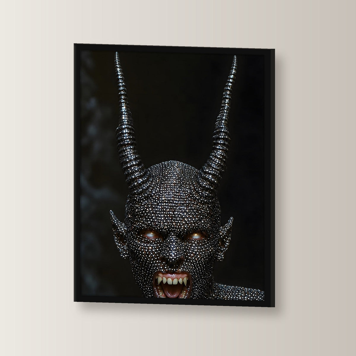 Dark Fantasy Wandbild gerahmt | Dämon Gothic Poster Deko im schwarzen Holzrahmen, leicht gedreht an der Wand fotografiert