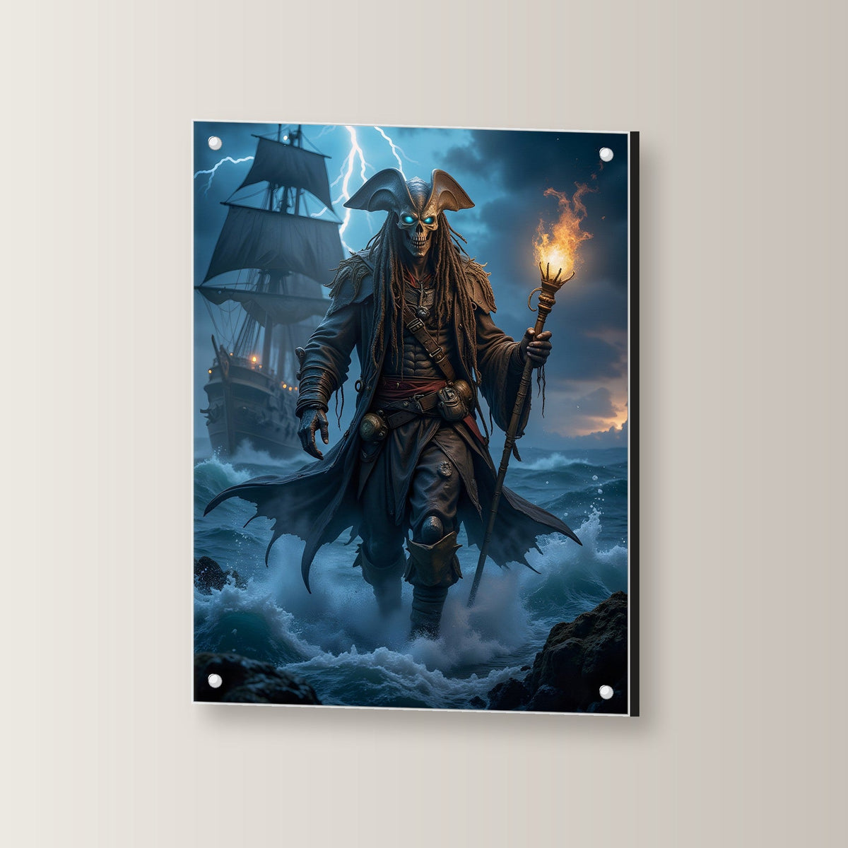 Geisterpirat mit Fackel im Sturm, Dark Fantasy Acrylglasbild auf Acrylglas mit Edelstahl-Abstandshaltern, leicht gedreht an der Wand fotografiert