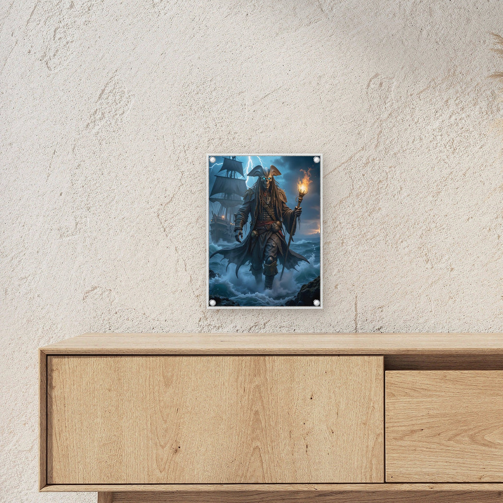 Geisterpirat mit Fackel im Sturm, Dark Fantasy Acrylglasbild auf Acrylglas mit Edelstahl-Abstandshaltern ueber einem Sideboard, zeigt die Groesse im Raum