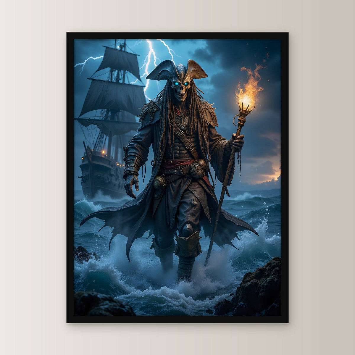 Geisterpirat mit Fackel im Sturm, Fantasy Wandbild gerahmt im schwarzen Holzrahmen, gerade von vorn an heller Wand