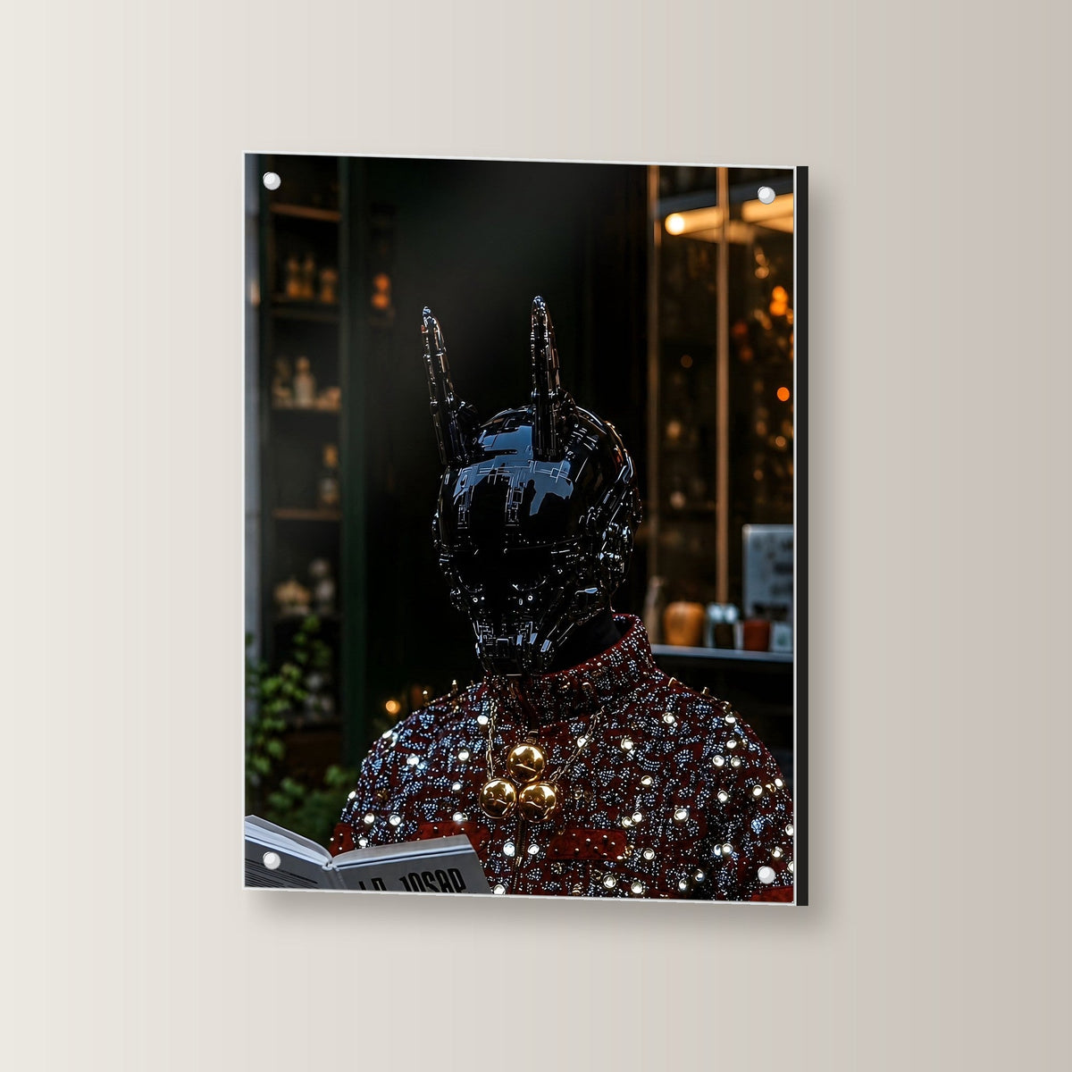 Dark-Portrait Acrylglasbild auf Acrylglas mit Edelstahl-Abstandshaltern, leicht gedreht an der Wand fotografiert