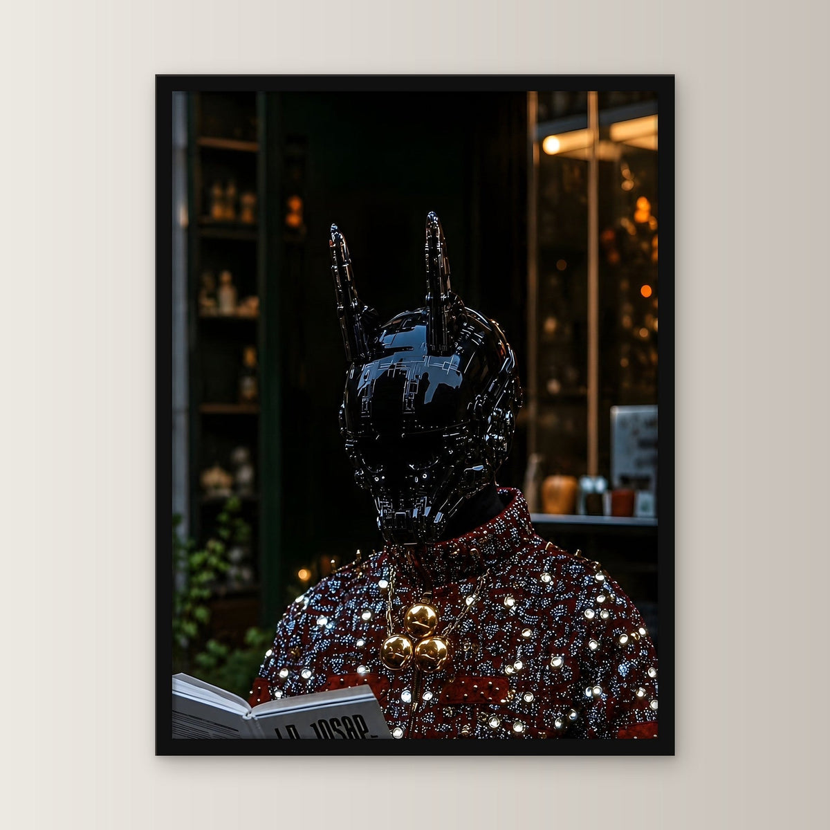 Dark-Portrait Poster gerahmt im schwarzen Holzrahmen, gerade von vorn an heller Wand