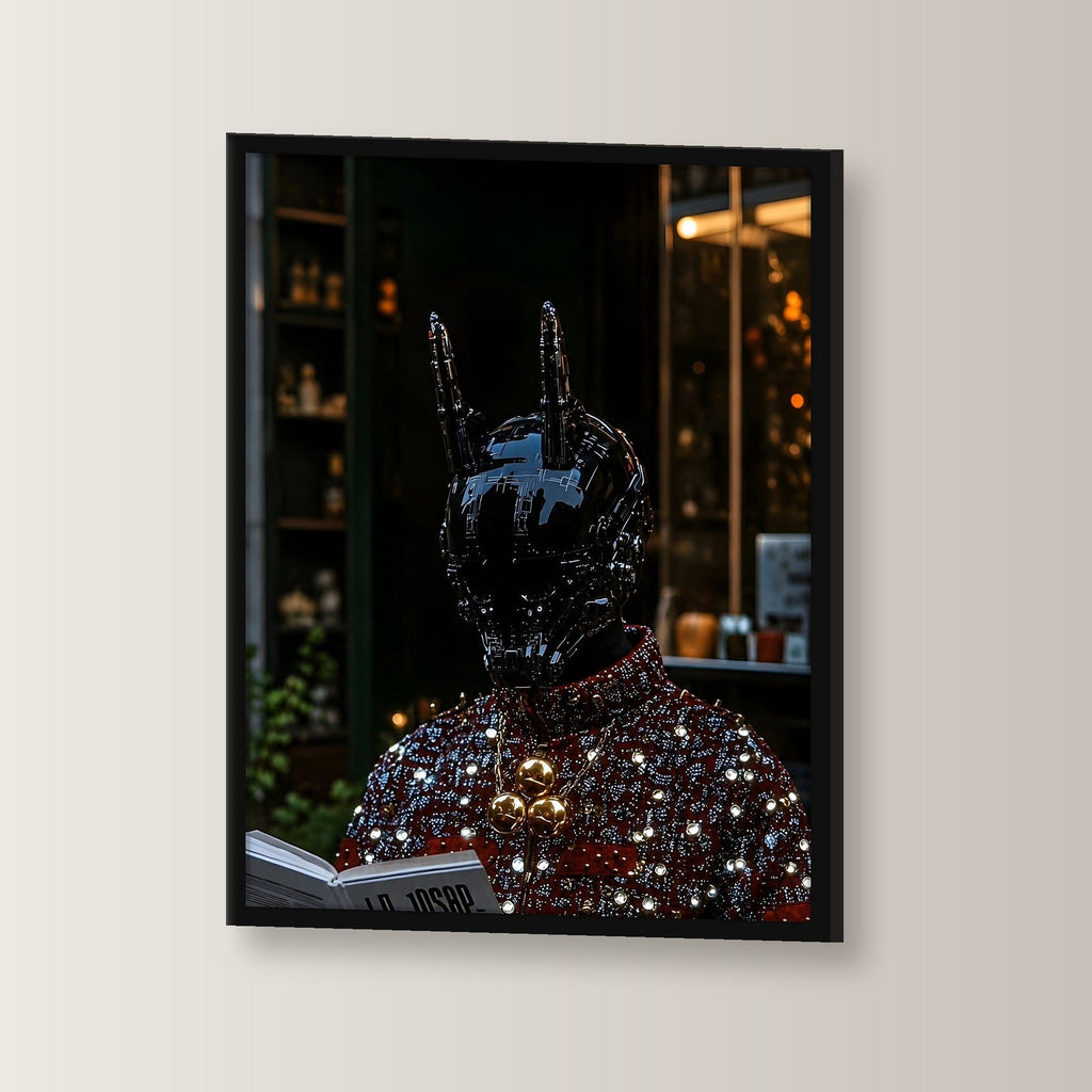 Dark-Portrait Poster gerahmt im schwarzen Holzrahmen, leicht gedreht an der Wand fotografiert