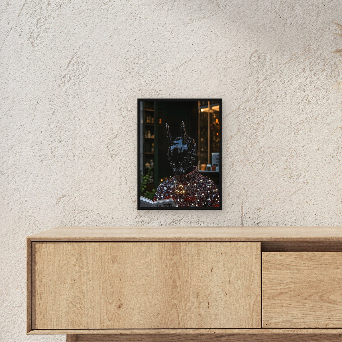 Dark-Portrait Poster gerahmt im schwarzen Holzrahmen ueber einem Sideboard, zeigt die Groesse im Raum