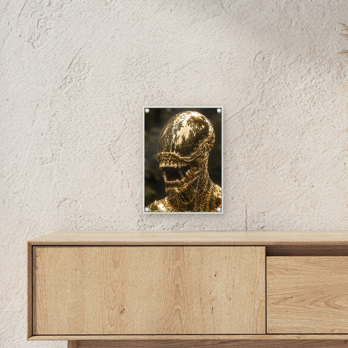 Fantasy Acrylglasbild auf Acrylglas mit Edelstahl-Abstandshaltern ueber einem Sideboard, zeigt die Groesse im Raum