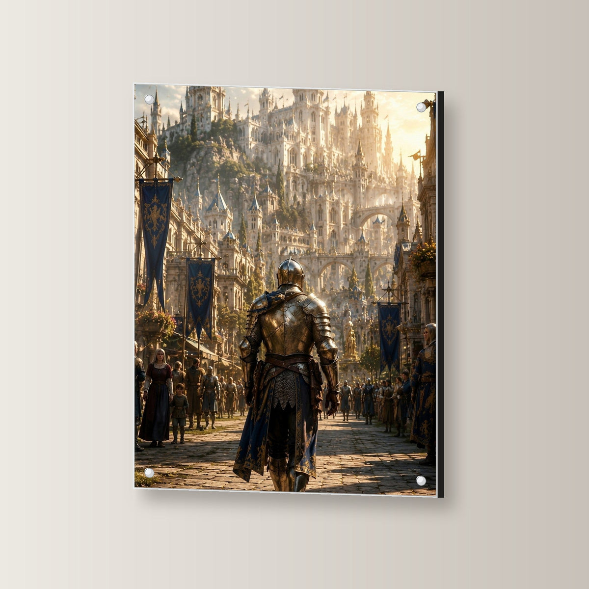 Dark-Fantasy Acrylglasbild auf Acrylglas mit Edelstahl-Abstandshaltern, leicht gedreht an der Wand fotografiert