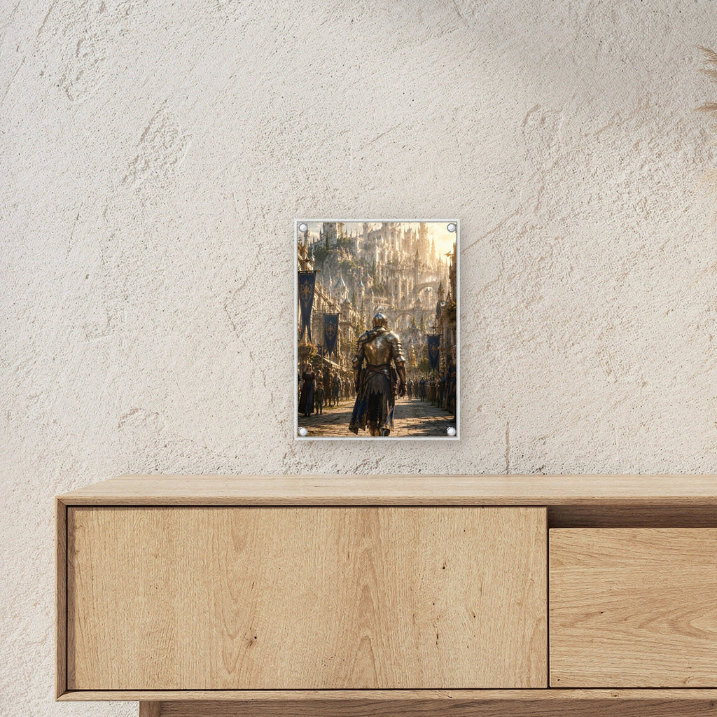 Dark-Fantasy Acrylglasbild auf Acrylglas mit Edelstahl-Abstandshaltern ueber einem Sideboard, zeigt die Groesse im Raum