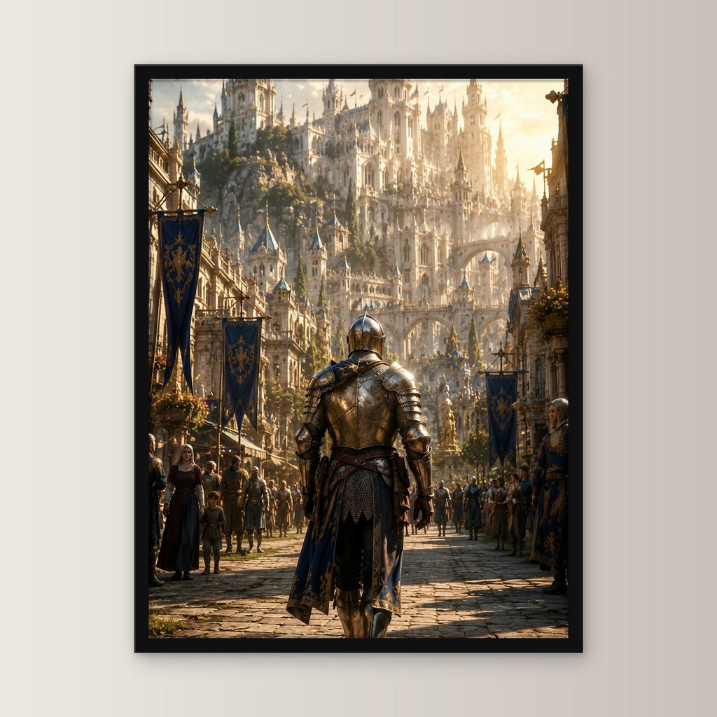 Dark-Fantasy Poster gerahmt im schwarzen Holzrahmen, gerade von vorn an heller Wand