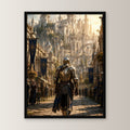 Dark-Fantasy Poster gerahmt im schwarzen Holzrahmen, gerade von vorn an heller Wand