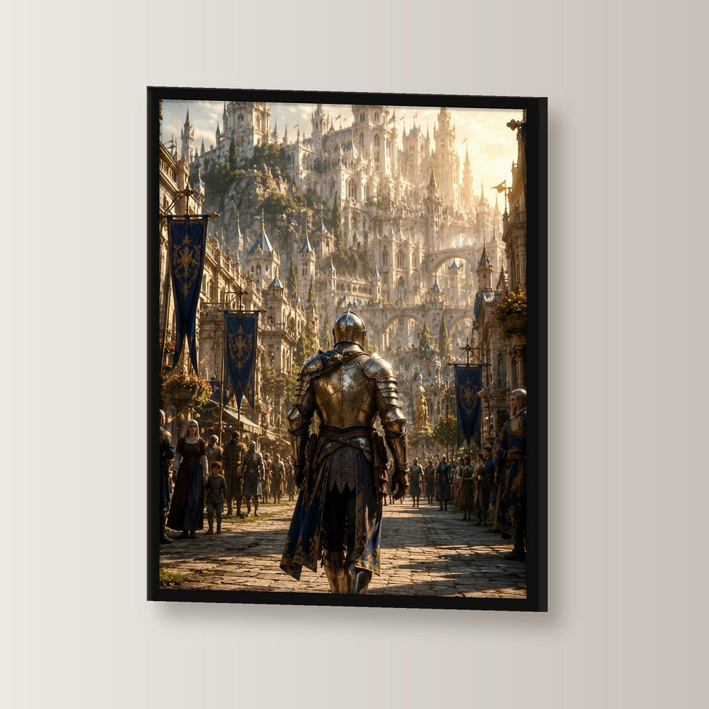 Dark-Fantasy Poster gerahmt im schwarzen Holzrahmen, leicht gedreht an der Wand fotografiert