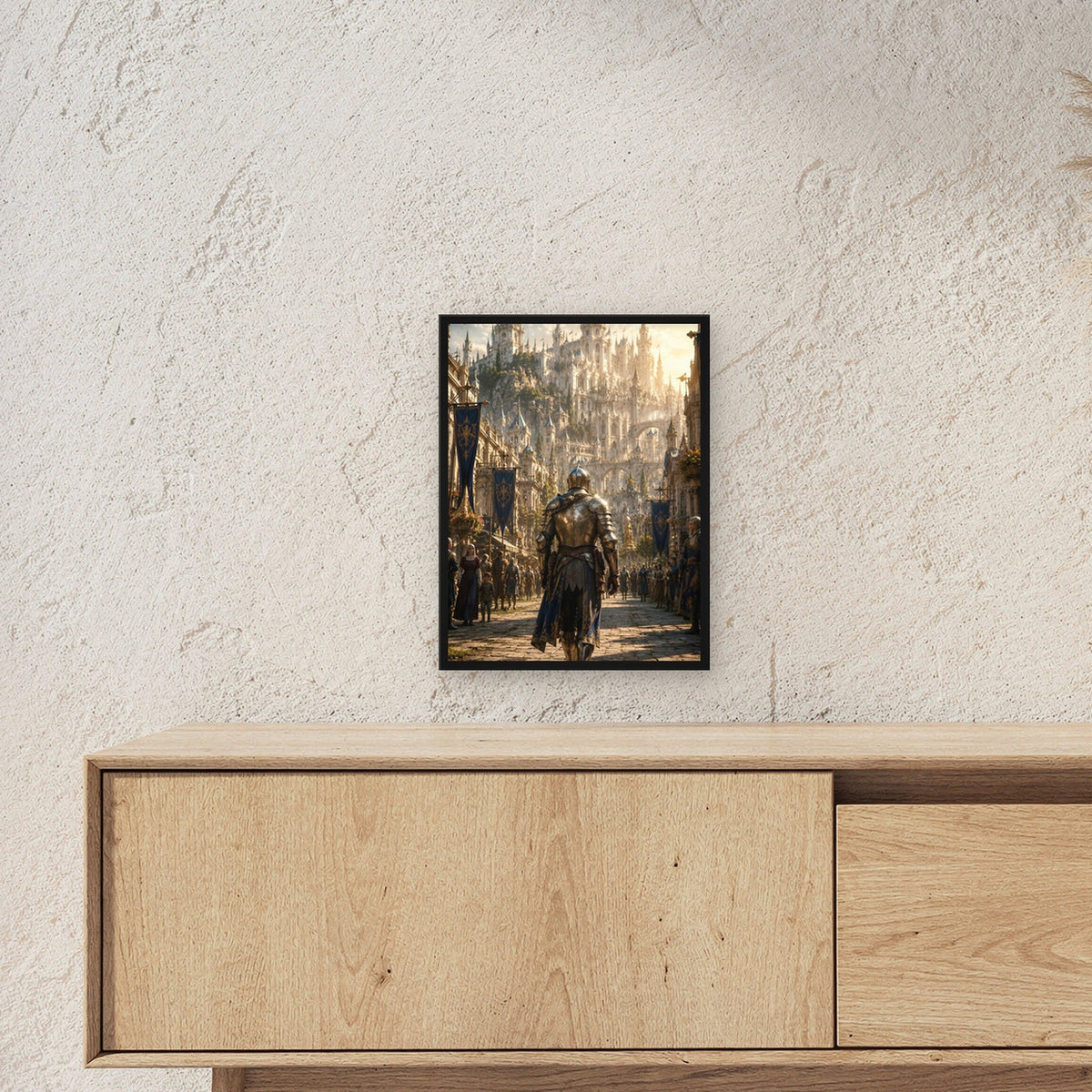 Dark-Fantasy Poster gerahmt im schwarzen Holzrahmen ueber einem Sideboard, zeigt die Groesse im Raum