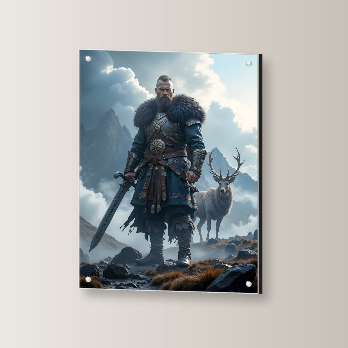 Krieger mit Schwert und Hirsch im nebligen Hochland, Dark Fantasy Acrylglasbild auf Acrylglas mit Edelstahl-Abstandshaltern, leicht gedreht an der Wand fotografiert
