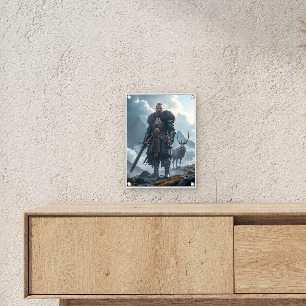 Krieger mit Schwert und Hirsch im nebligen Hochland, Dark Fantasy Acrylglasbild auf Acrylglas mit Edelstahl-Abstandshaltern ueber einem Sideboard, zeigt die Groesse im Raum