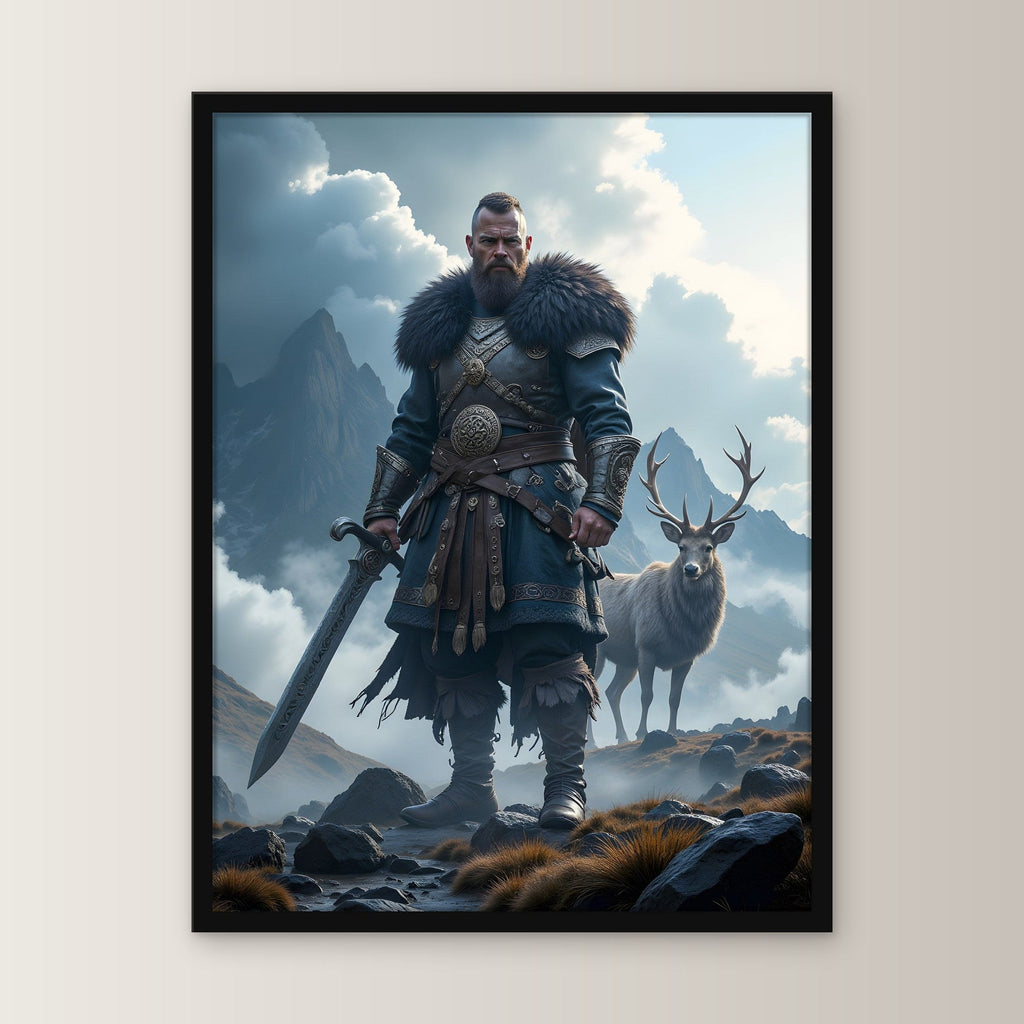 Krieger mit Schwert und Hirsch im nebligen Hochland, Fantasy Wandbild gerahmt im schwarzen Holzrahmen, gerade von vorn an heller Wand