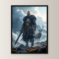Krieger mit Schwert und Hirsch im nebligen Hochland, Fantasy Wandbild gerahmt im schwarzen Holzrahmen, gerade von vorn an heller Wand
