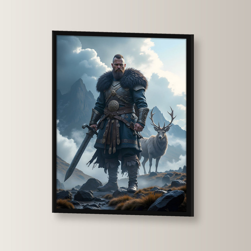 Krieger mit Schwert und Hirsch im nebligen Hochland, Fantasy Wandbild gerahmt im schwarzen Holzrahmen, leicht gedreht an der Wand fotografiert