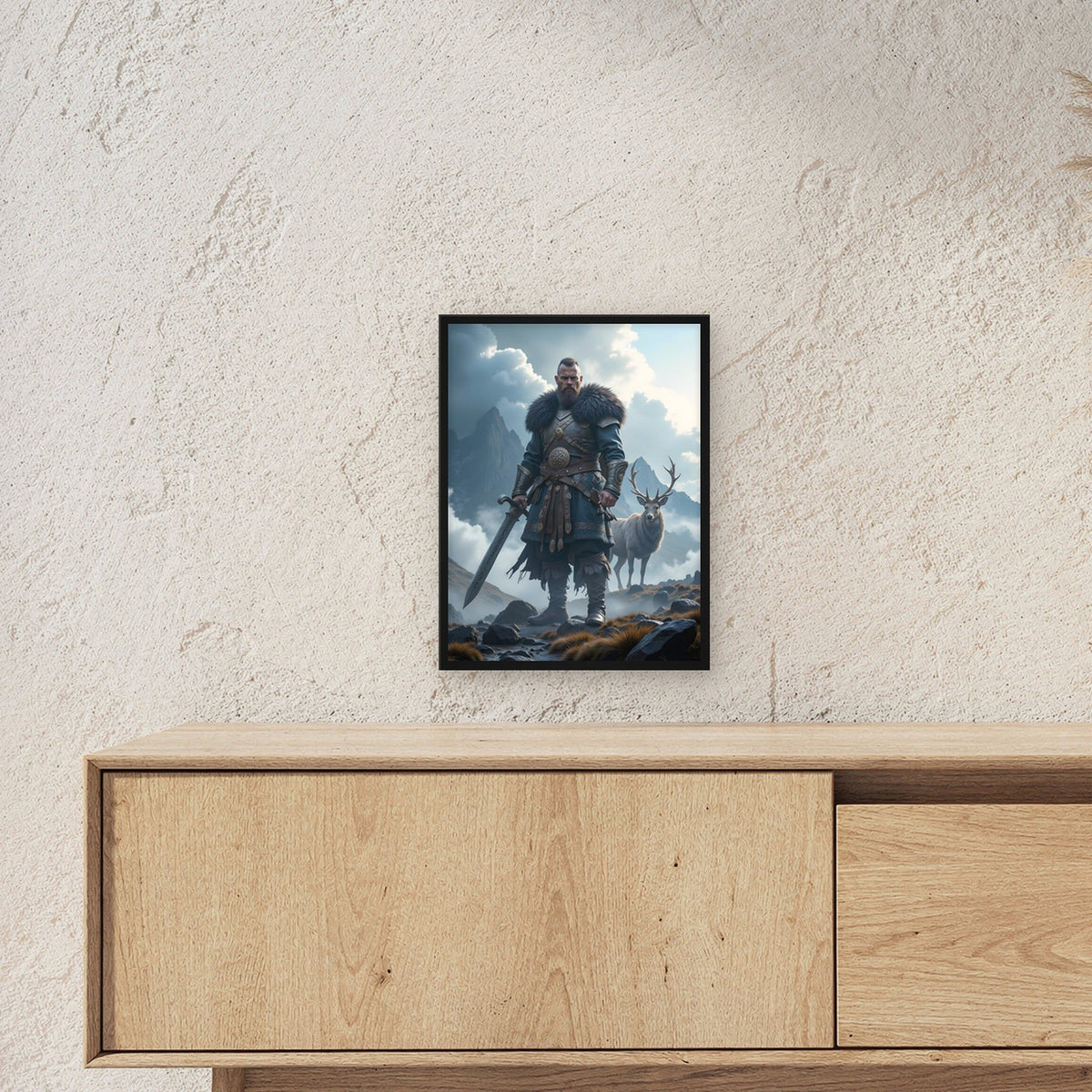 Krieger mit Schwert und Hirsch im nebligen Hochland, Fantasy Wandbild gerahmt im schwarzen Holzrahmen ueber einem Sideboard, zeigt die Groesse im Raum