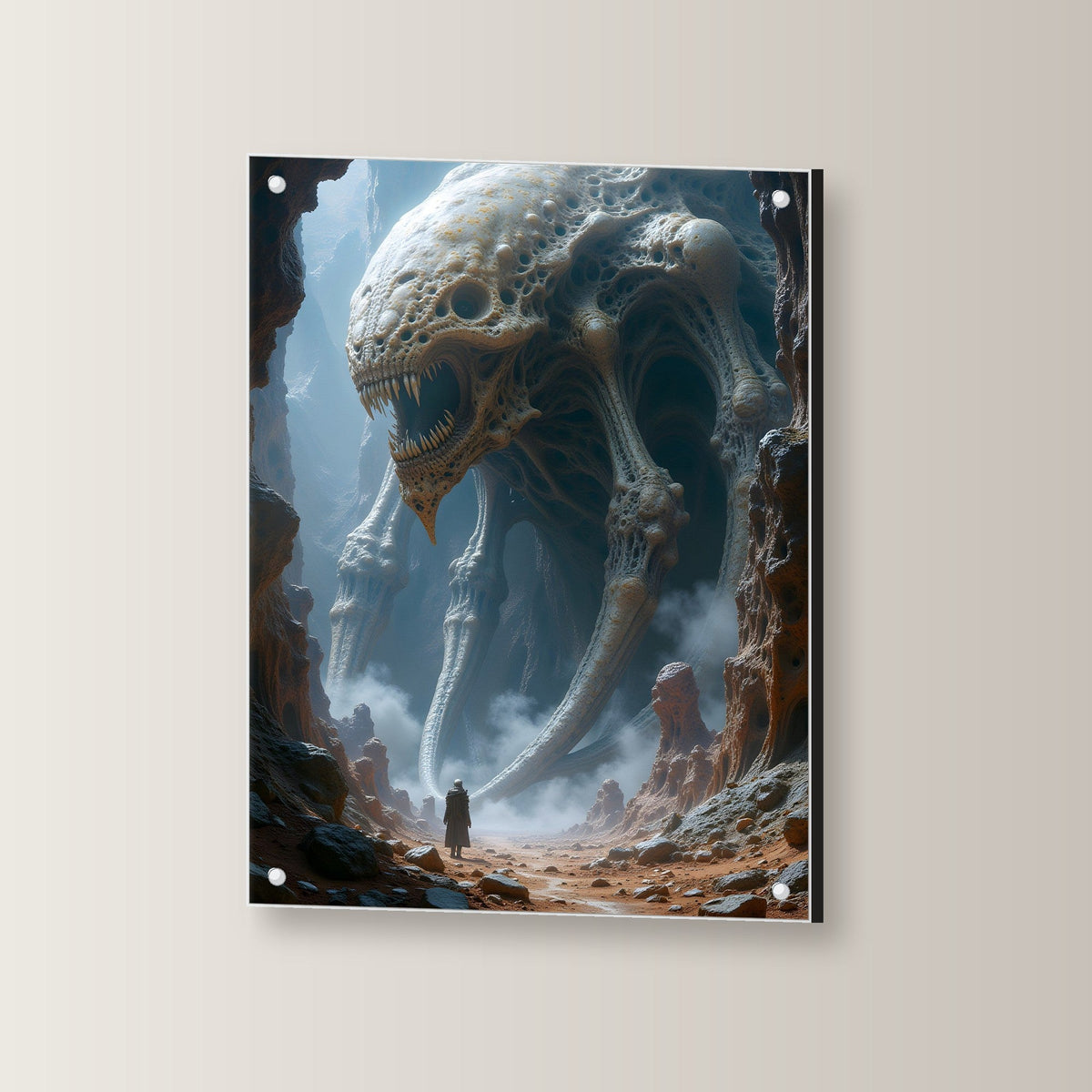 Schädelkreatur mit Tentakeln in der Schlucht, Surreales Acrylglasbild auf Acrylglas mit Edelstahl-Abstandshaltern, leicht gedreht an der Wand fotografiert