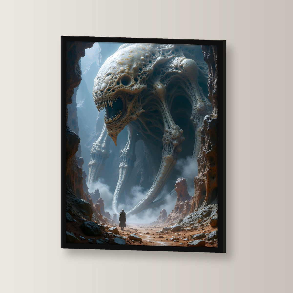 Schädelkreatur mit Tentakeln in der Schlucht, Surreales Wandbild gerahmt im schwarzen Holzrahmen, leicht gedreht an der Wand fotografiert