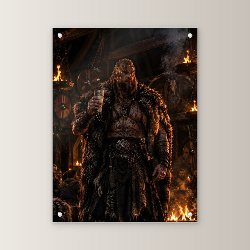 Wikinger-Häuptling mit Trinkhorn in der Feuerhalle, Dark Fantasy Acrylglasbild auf Acrylglas mit Edelstahl-Abstandshaltern, gerade von vorn an heller Wand