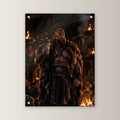Wikinger-Häuptling mit Trinkhorn in der Feuerhalle, Dark Fantasy Acrylglasbild auf Acrylglas mit Edelstahl-Abstandshaltern, gerade von vorn an heller Wand