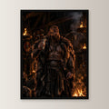 Wikinger-Häuptling mit Trinkhorn in der Feuerhalle, Fantasy Wandbild gerahmt im schwarzen Holzrahmen, gerade von vorn an heller Wand