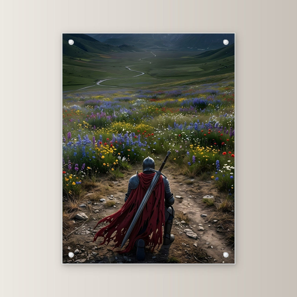 Ritter kniet vor dem Blütental, Mittelalter Fantasy Acrylglasbild auf Acrylglas mit Edelstahl-Abstandshaltern, gerade von vorn an heller Wand