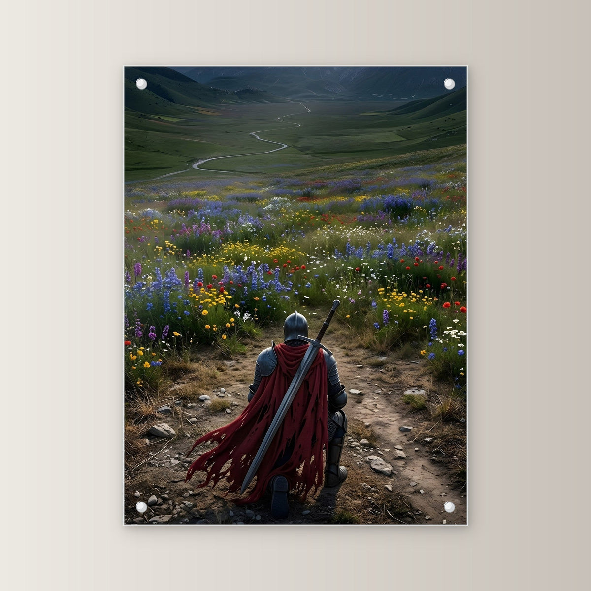 Ritter kniet vor dem Blütental, Mittelalter Fantasy Acrylglasbild auf Acrylglas mit Edelstahl-Abstandshaltern, gerade von vorn an heller Wand