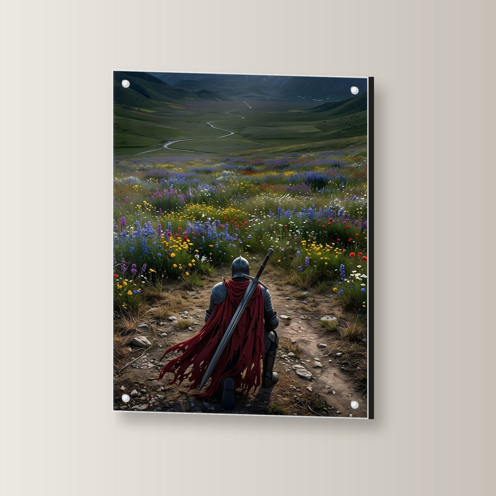 Ritter kniet vor dem Blütental, Mittelalter Fantasy Acrylglasbild auf Acrylglas mit Edelstahl-Abstandshaltern, leicht gedreht an der Wand fotografiert