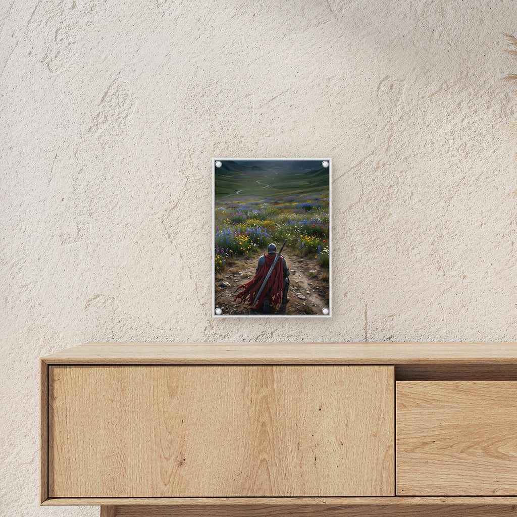 Ritter kniet vor dem Blütental, Mittelalter Fantasy Acrylglasbild auf Acrylglas mit Edelstahl-Abstandshaltern ueber einem Sideboard, zeigt die Groesse im Raum