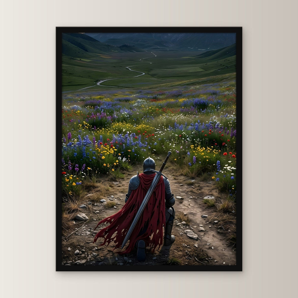Ritter kniet vor dem Blütental, Mittelalter Fantasy Wandbild gerahmt im schwarzen Holzrahmen, gerade von vorn an heller Wand