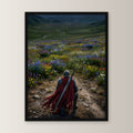Ritter kniet vor dem Blütental, Mittelalter Fantasy Wandbild gerahmt im schwarzen Holzrahmen, gerade von vorn an heller Wand