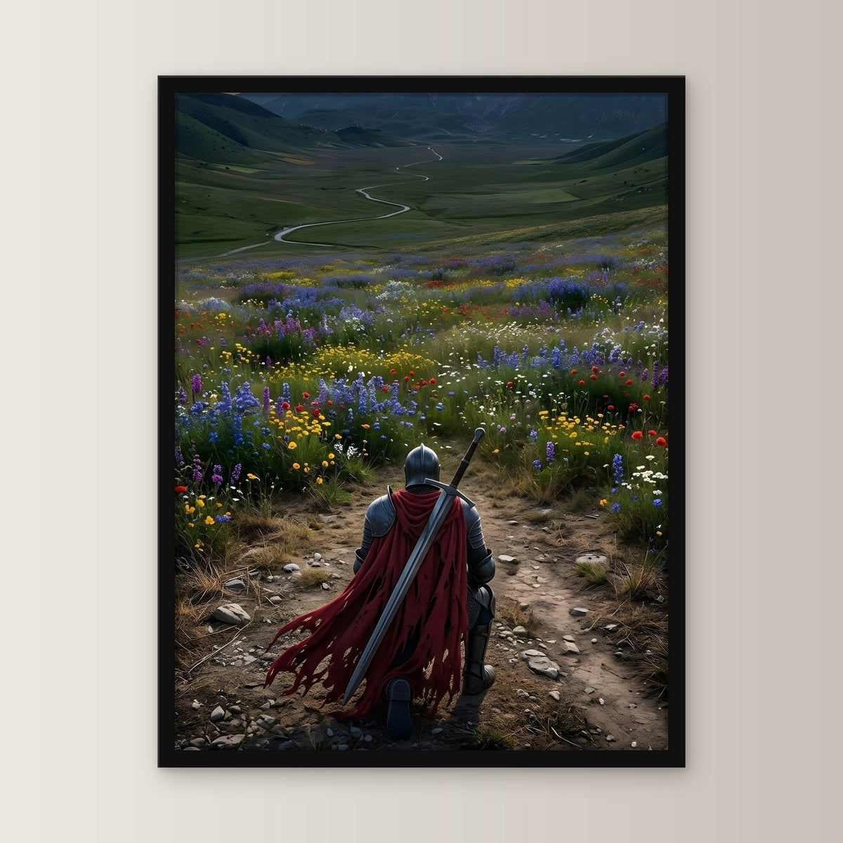 Ritter kniet vor dem Blütental, Mittelalter Fantasy Wandbild gerahmt im schwarzen Holzrahmen, gerade von vorn an heller Wand