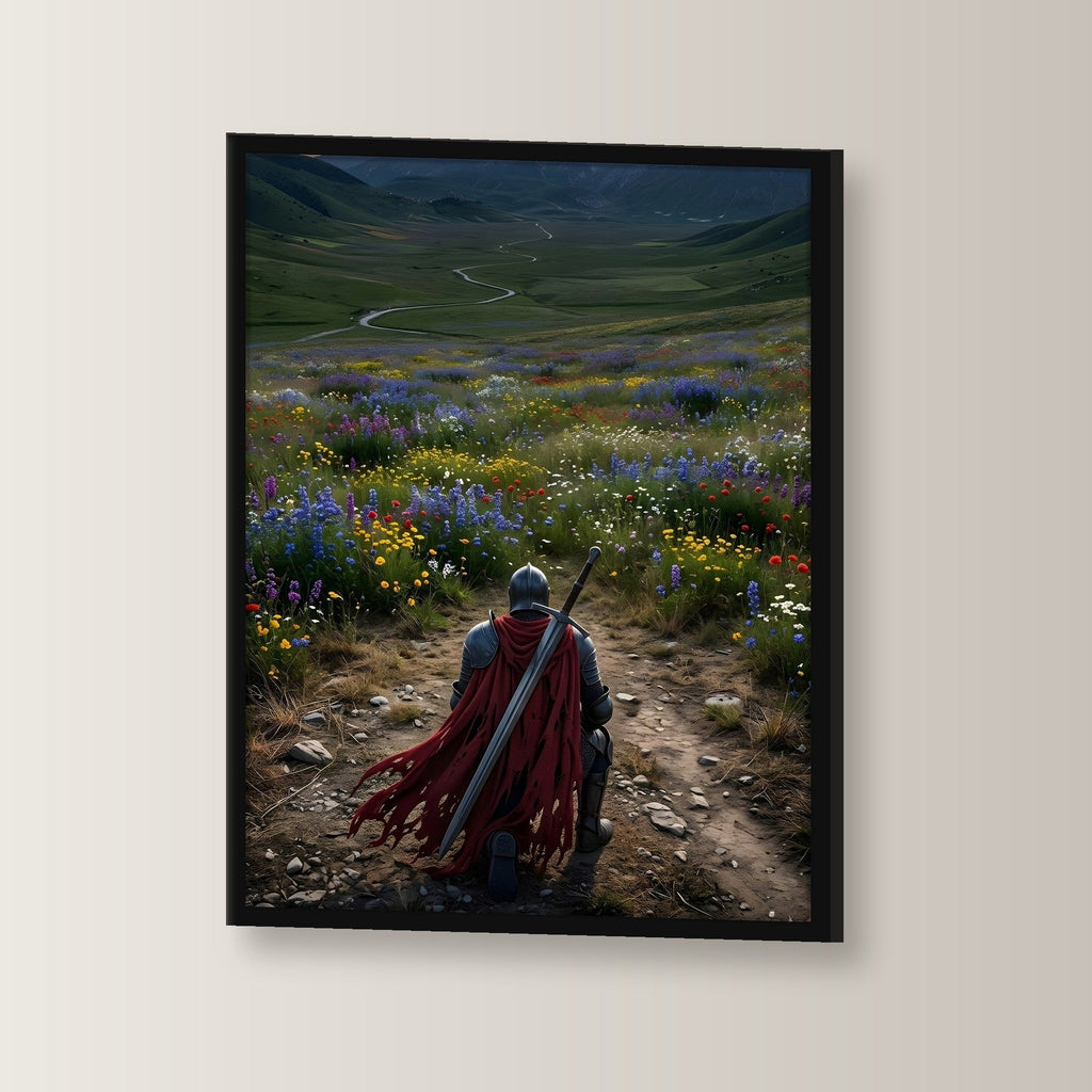 Ritter kniet vor dem Blütental, Mittelalter Fantasy Wandbild gerahmt im schwarzen Holzrahmen, leicht gedreht an der Wand fotografiert