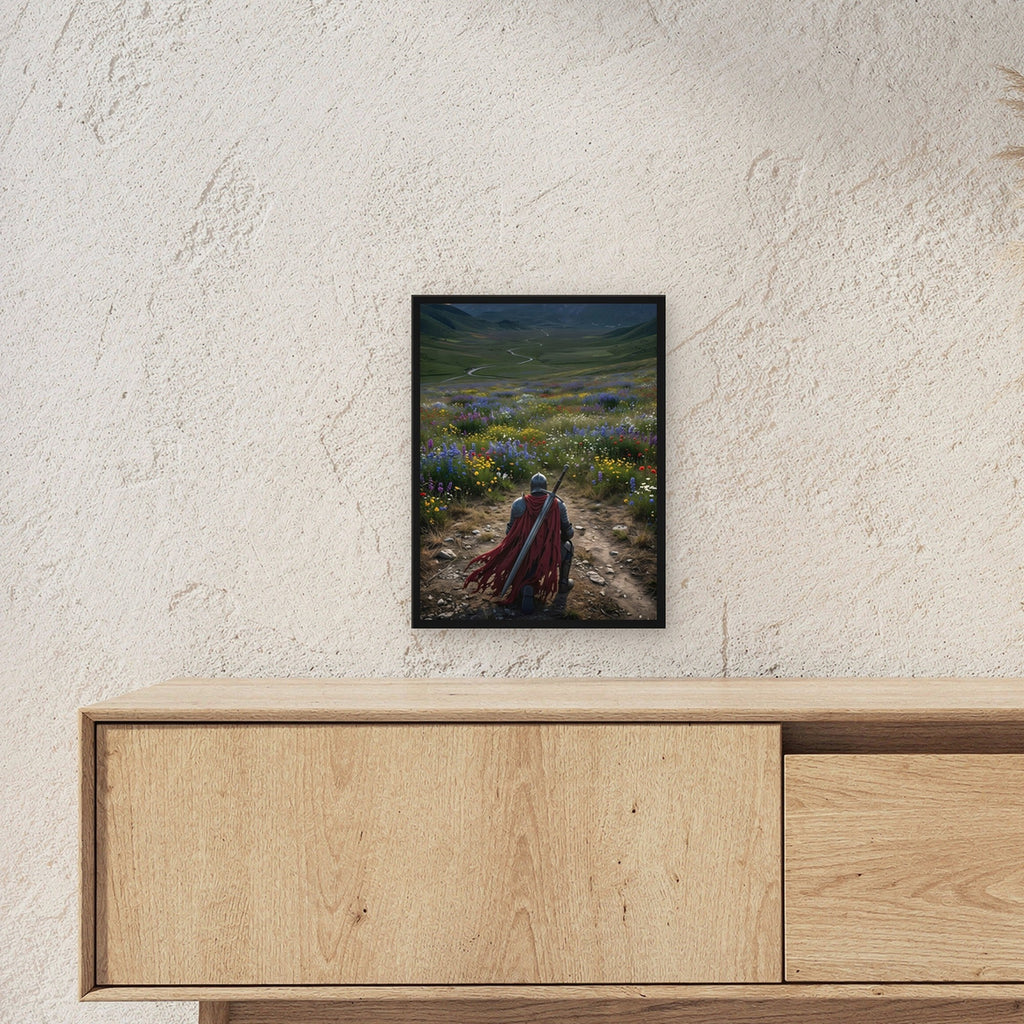 Ritter kniet vor dem Blütental, Mittelalter Fantasy Wandbild gerahmt im schwarzen Holzrahmen ueber einem Sideboard, zeigt die Groesse im Raum