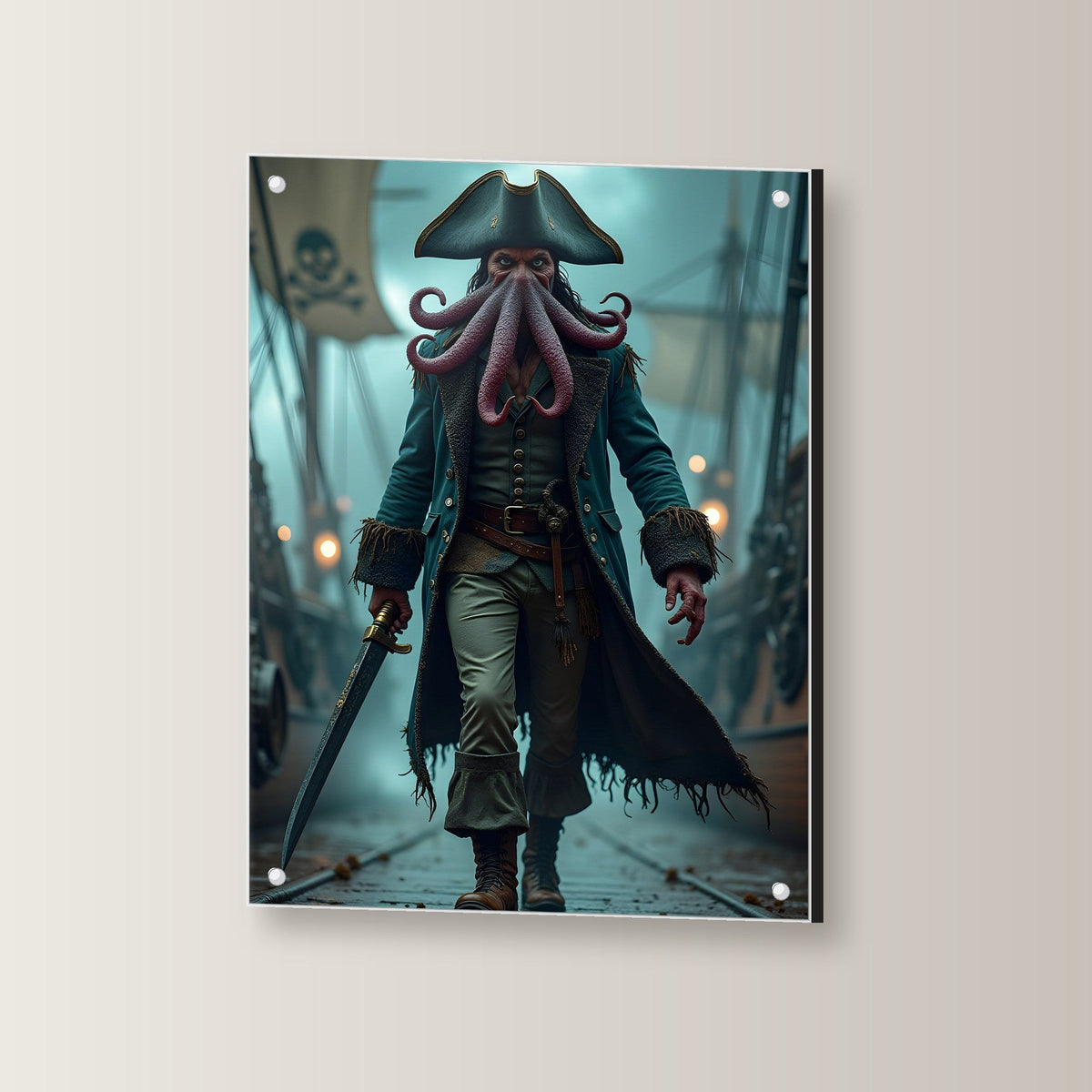 Pirat mit Krakenkopf und Säbel auf dem Deck, Dark Fantasy Acrylglasbild auf Acrylglas mit Edelstahl-Abstandshaltern, leicht gedreht an der Wand fotografiert