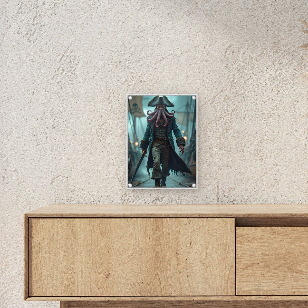 Pirat mit Krakenkopf und Säbel auf dem Deck, Dark Fantasy Acrylglasbild auf Acrylglas mit Edelstahl-Abstandshaltern ueber einem Sideboard, zeigt die Groesse im Raum