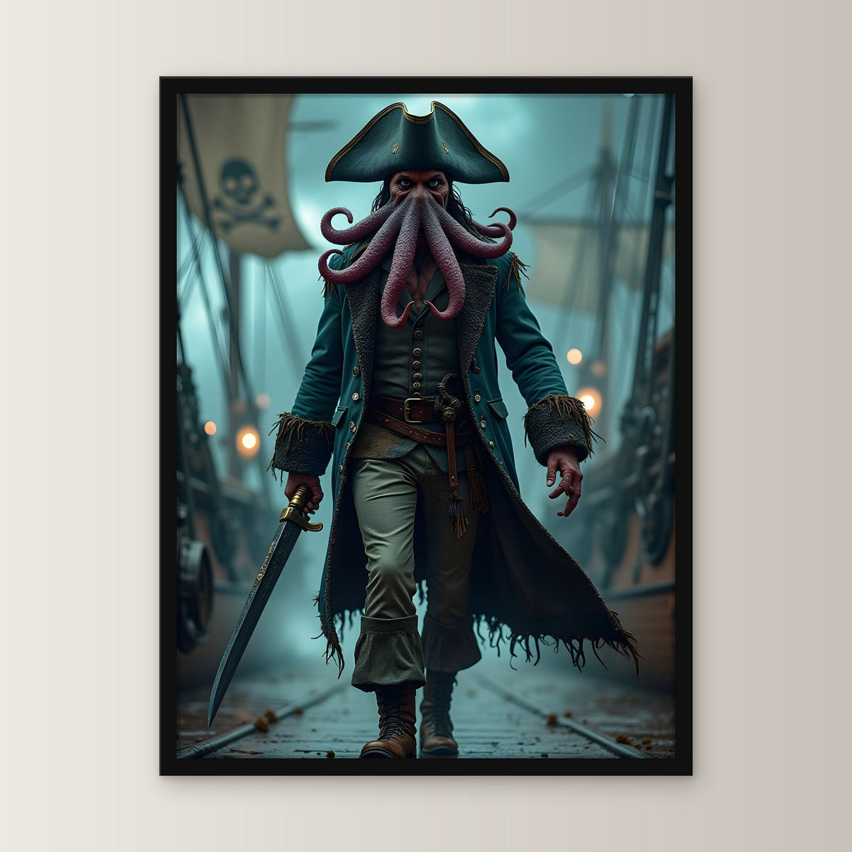 Pirat mit Krakenkopf und Säbel auf dem Deck, Fantasy Wandbild gerahmt im schwarzen Holzrahmen, gerade von vorn an heller Wand