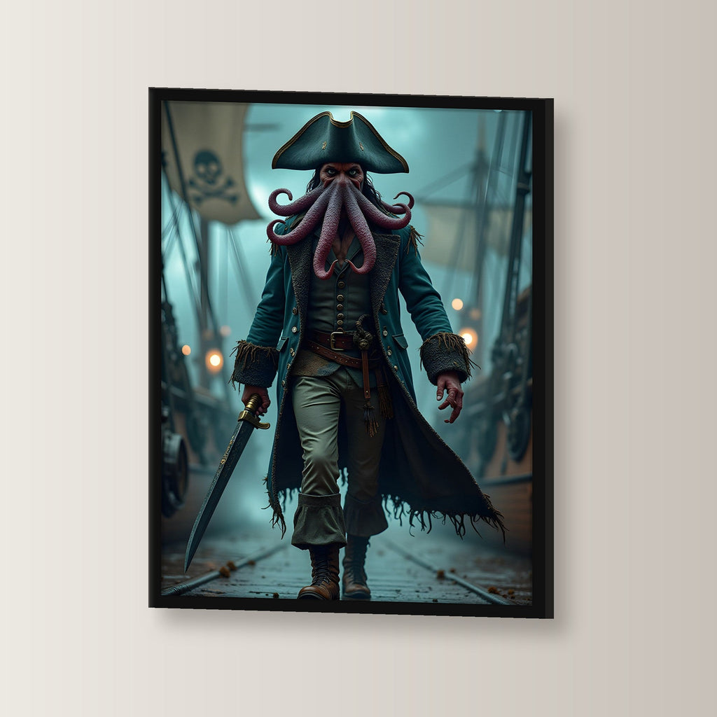 Pirat mit Krakenkopf und Säbel auf dem Deck, Fantasy Wandbild gerahmt im schwarzen Holzrahmen, leicht gedreht an der Wand fotografiert