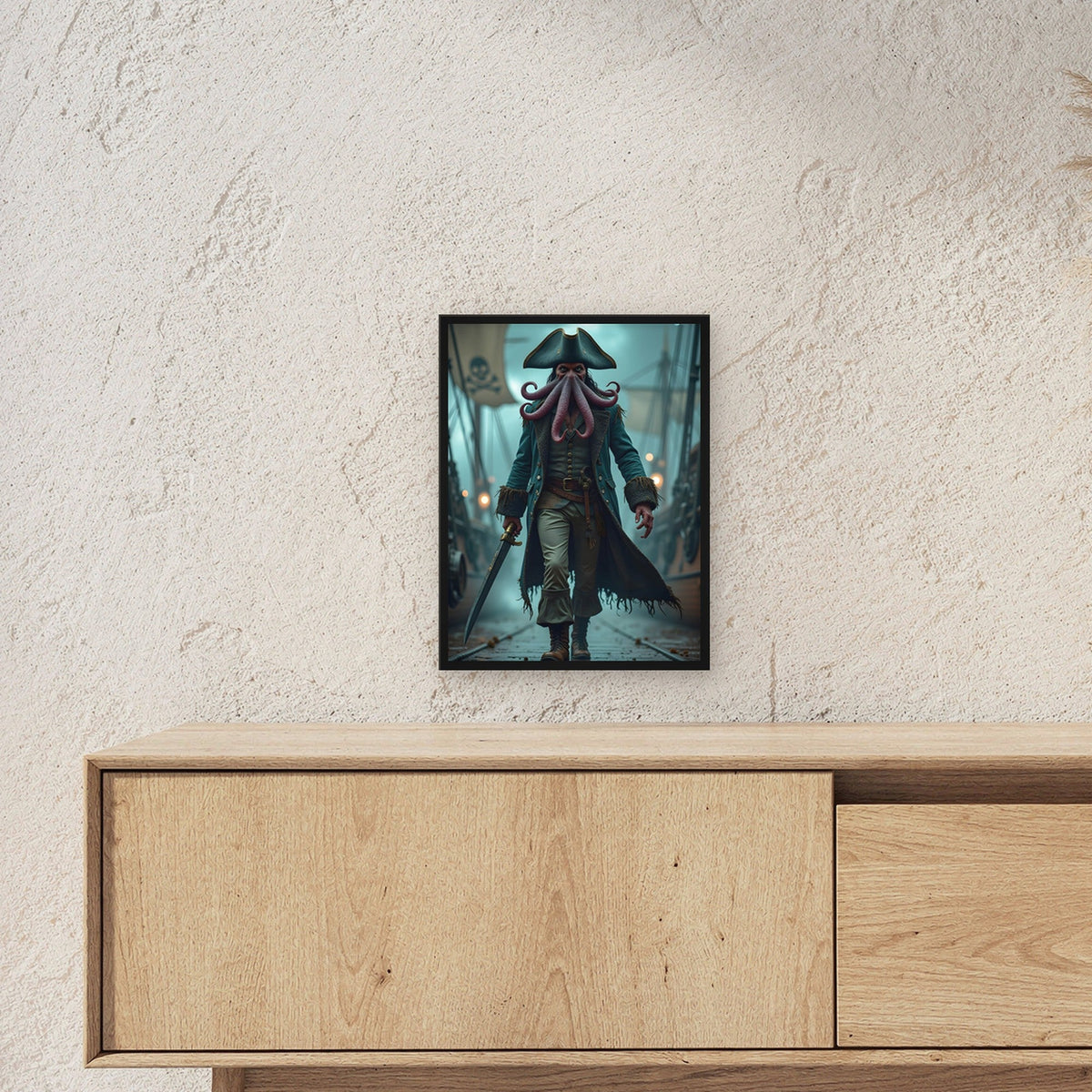 Pirat mit Krakenkopf und Säbel auf dem Deck, Fantasy Wandbild gerahmt im schwarzen Holzrahmen ueber einem Sideboard, zeigt die Groesse im Raum