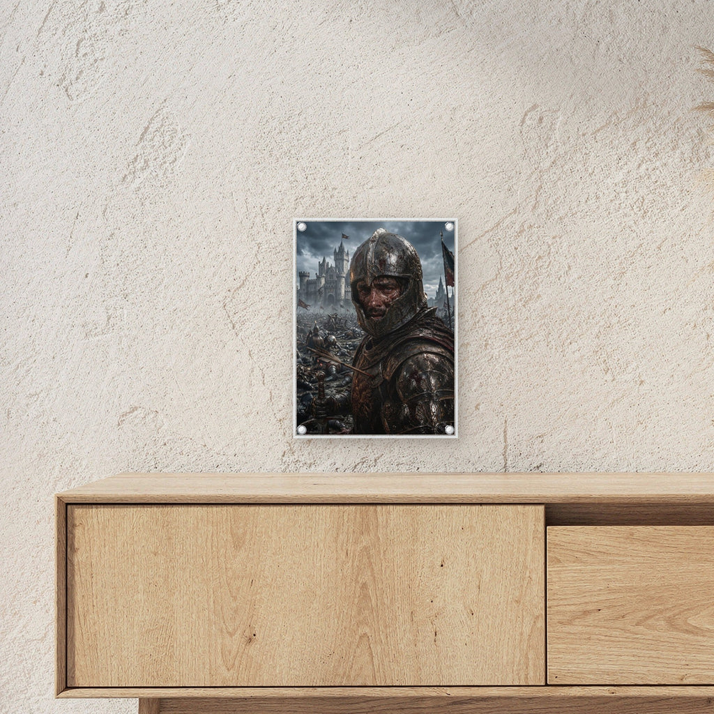 Dark-Fantasy Acrylglasbild auf Acrylglas mit Edelstahl-Abstandshaltern ueber einem Sideboard, zeigt die Groesse im Raum