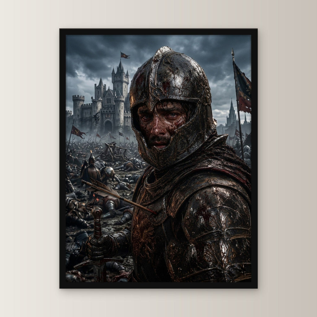 Dark-Fantasy Poster gerahmt im schwarzen Holzrahmen, gerade von vorn an heller Wand
