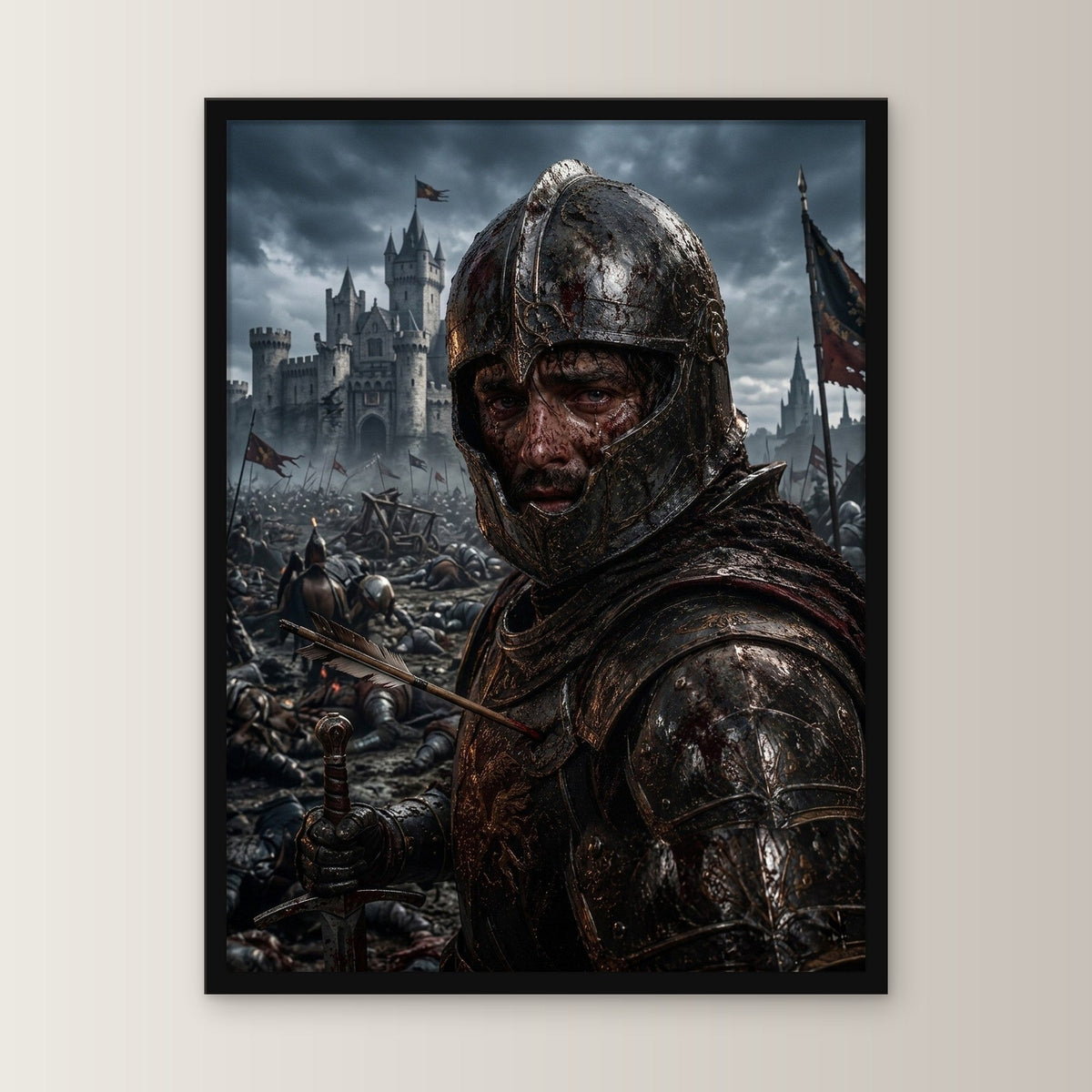 Dark-Fantasy Poster gerahmt im schwarzen Holzrahmen, gerade von vorn an heller Wand