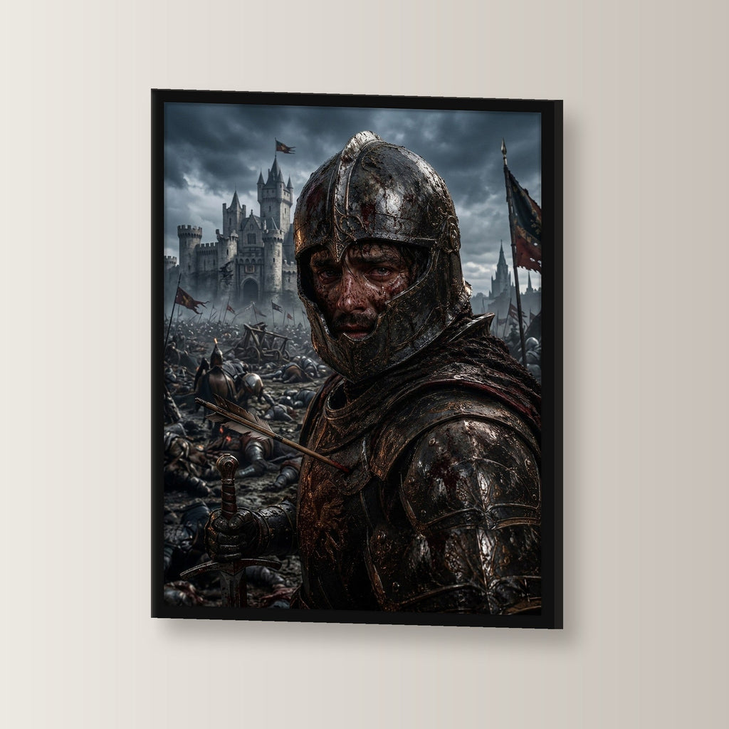 Dark-Fantasy Poster gerahmt im schwarzen Holzrahmen, leicht gedreht an der Wand fotografiert