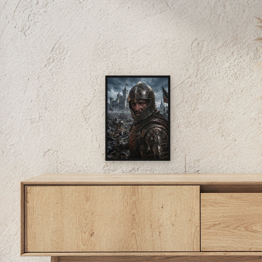 Dark-Fantasy Poster gerahmt im schwarzen Holzrahmen ueber einem Sideboard, zeigt die Groesse im Raum