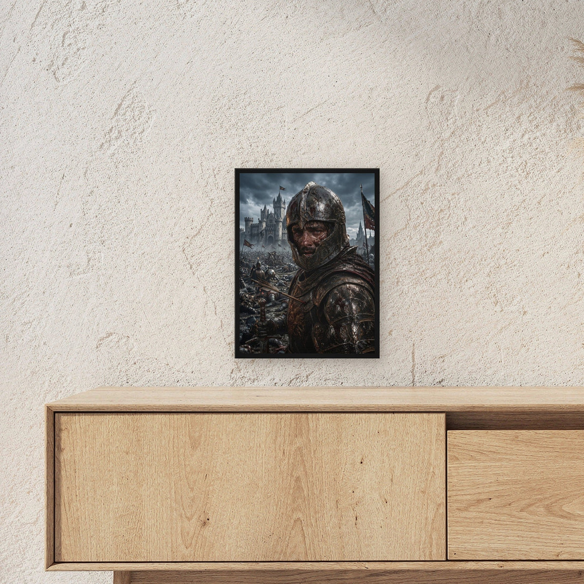 Dark-Fantasy Poster gerahmt im schwarzen Holzrahmen ueber einem Sideboard, zeigt die Groesse im Raum