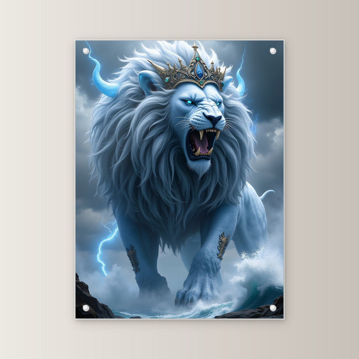 Gekrönter weißer Löwe in Sturm und Wellen, Surreales Acrylglasbild auf Acrylglas mit Edelstahl-Abstandshaltern, gerade von vorn an heller Wand