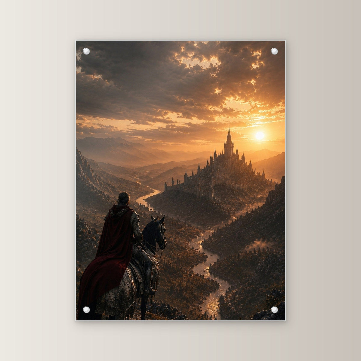 Dark-Fantasy Acrylglasbild auf Acrylglas mit Edelstahl-Abstandshaltern, gerade von vorn an heller Wand