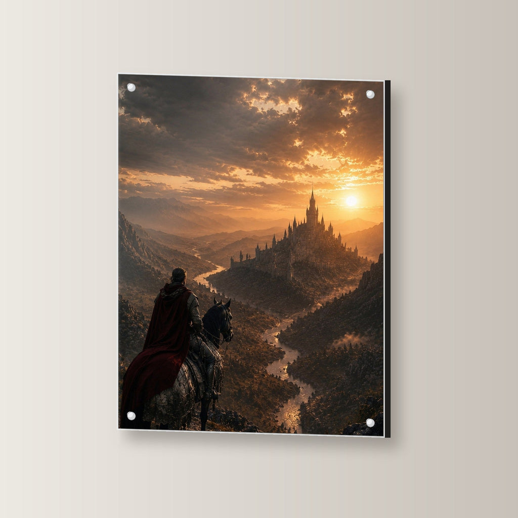 Dark-Fantasy Acrylglasbild auf Acrylglas mit Edelstahl-Abstandshaltern, leicht gedreht an der Wand fotografiert