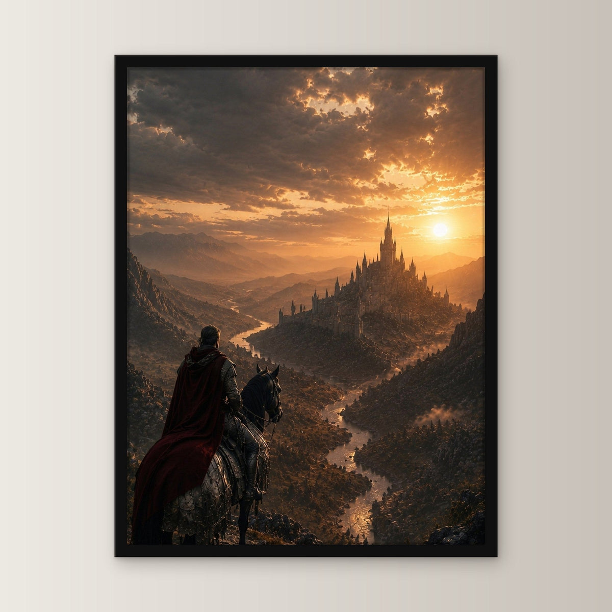 Dark-Fantasy Poster gerahmt im schwarzen Holzrahmen, gerade von vorn an heller Wand